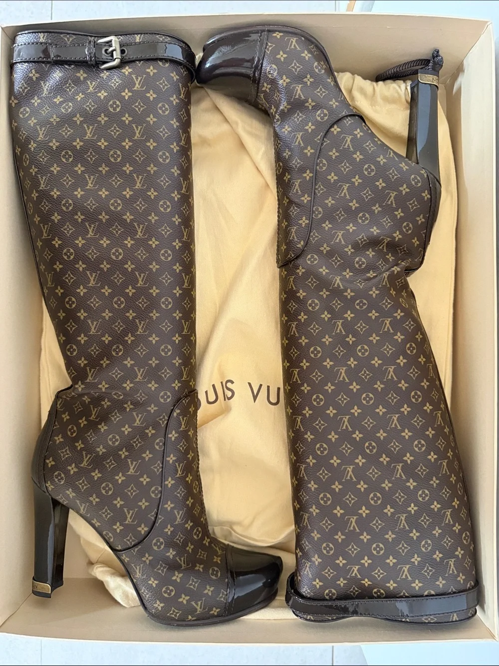 Louis Vuitton Brown Monogram Over-the-Knee Boots with Black Patent Trim